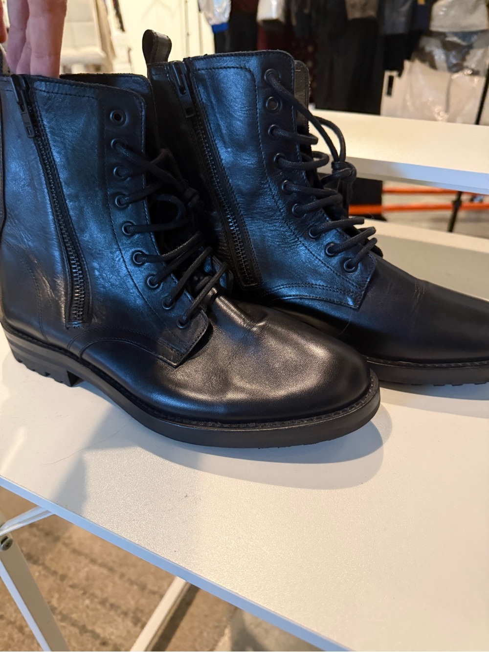 The Kooples FR 42 Black Leather Lace-Up Zip Combat Boots